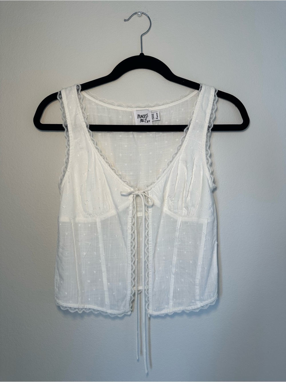 Princess Polly Vaccaro Top White - White Polka Dot Tie Front Top